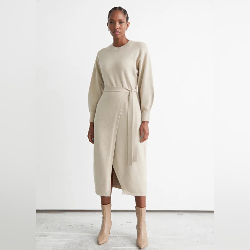& Other Stories Knitted Tan Belted Midi  Wrap Sweater Dress